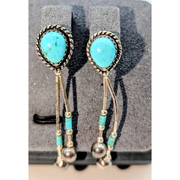 Navajo Native American Indian Sterling Silver Turquoise Dangle Pierced Earrings - Picture 1 of 7